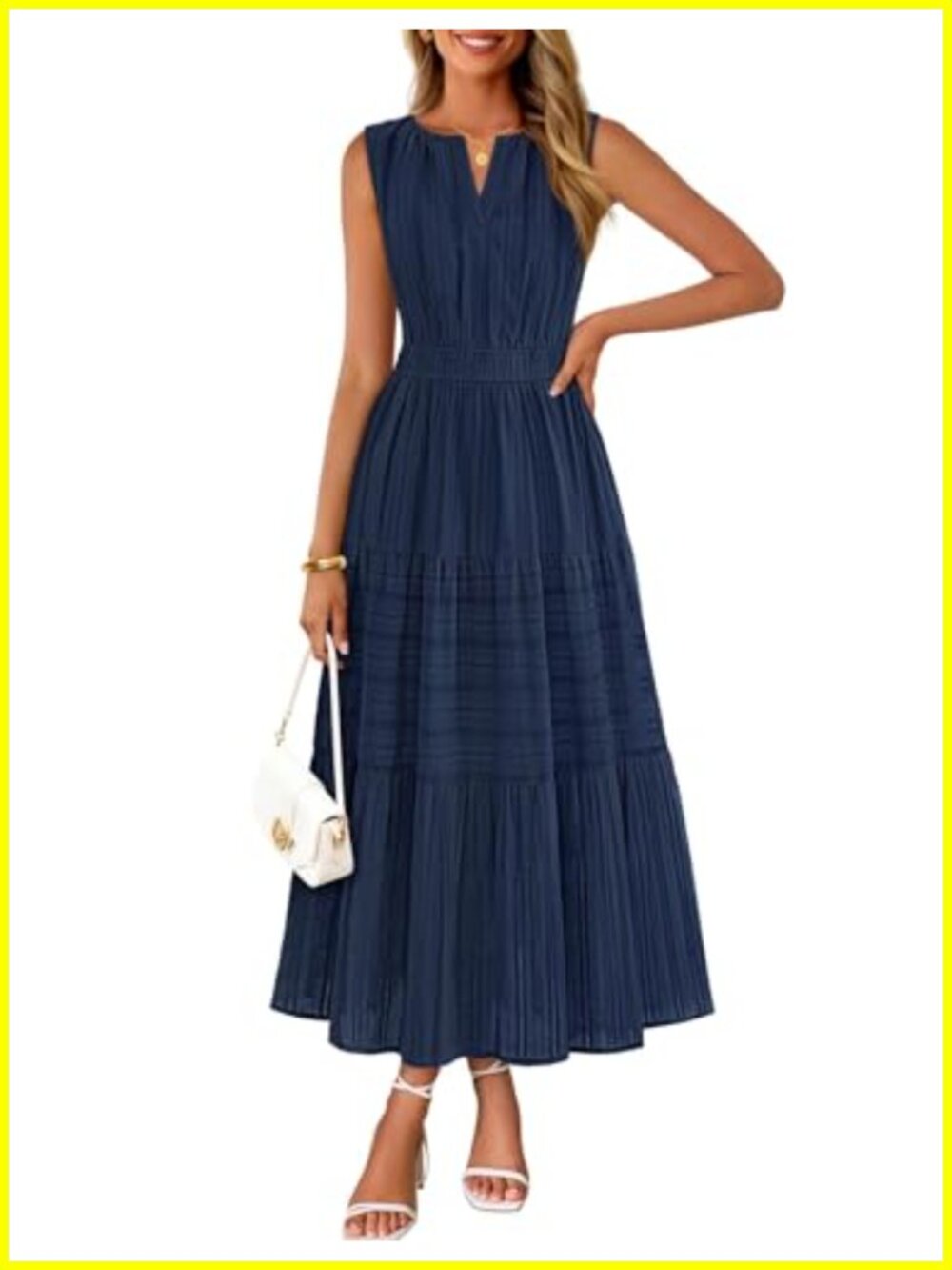 Sleeveless V Neck Tiered Midi Dress with Pockets Cotton